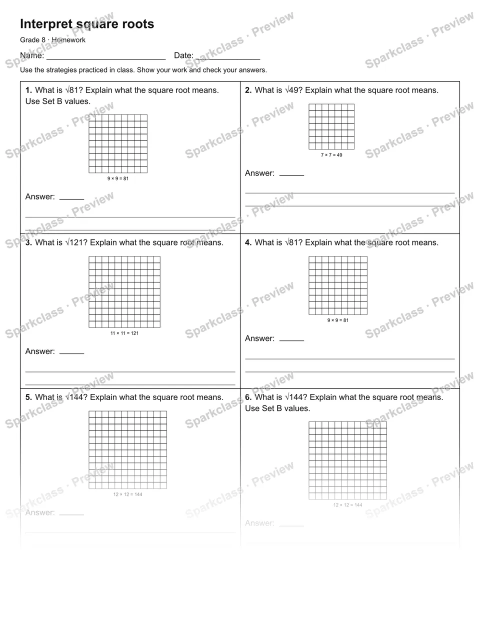 Interpret square roots — Homework — Grade 8 worksheet preview