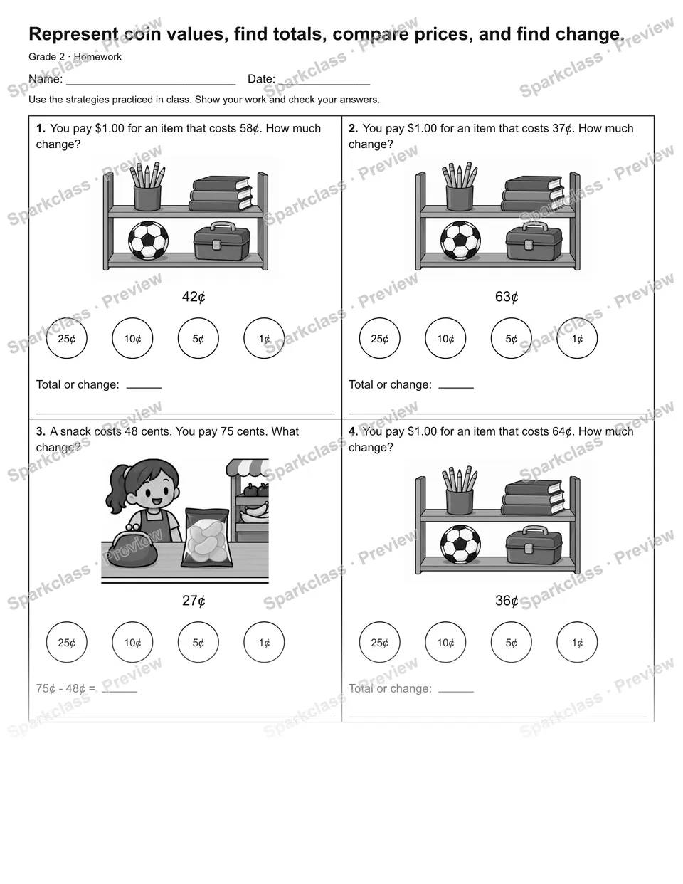 Represent coin values, find totals, compare prices, and find change. — Homework — Grade 2 worksheet preview
