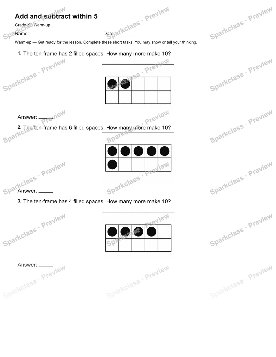 Add and subtract within 5 — Warm-up — page 2