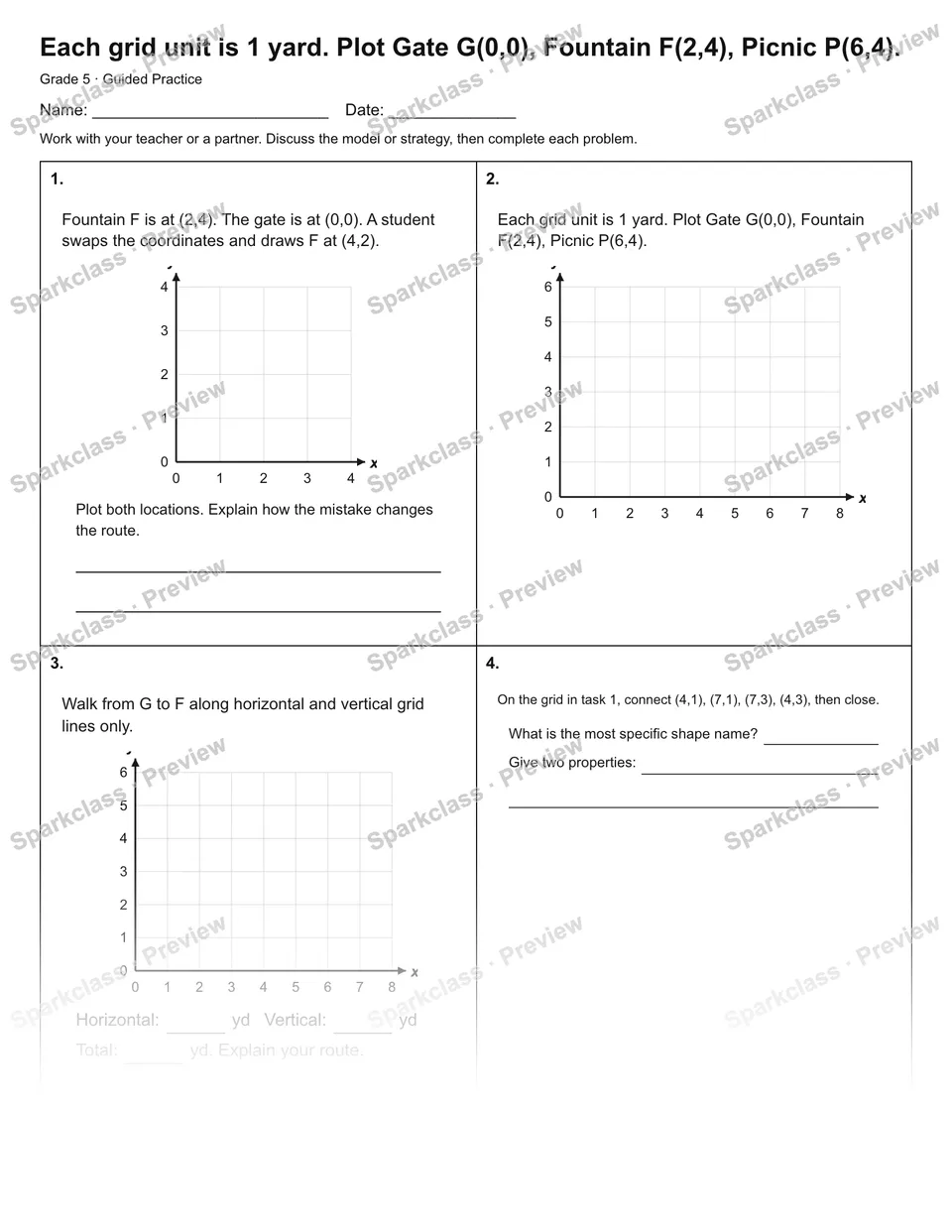 Each grid unit is 1 yard. Plot Gate G(0,0), Fountain F(2,4), Picnic P(6,4). — Guided Practice — Grade 5 worksheet preview