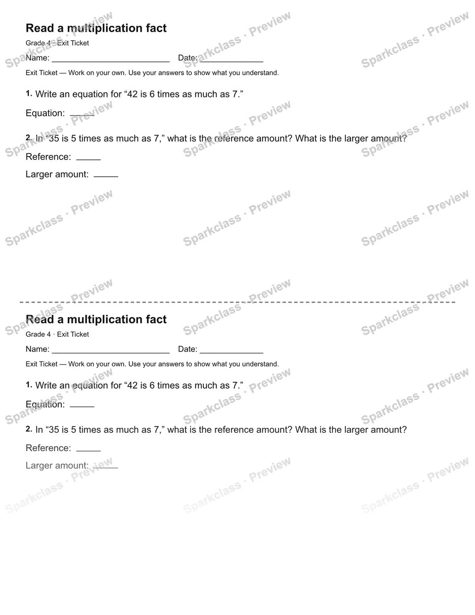 Read a multiplication fact — Exit Ticket — Grade 4 worksheet preview