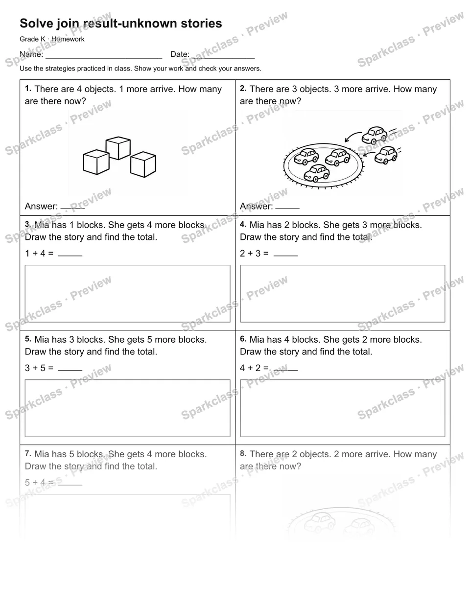 Solve join result-unknown stories — Homework — Kindergarten worksheet preview