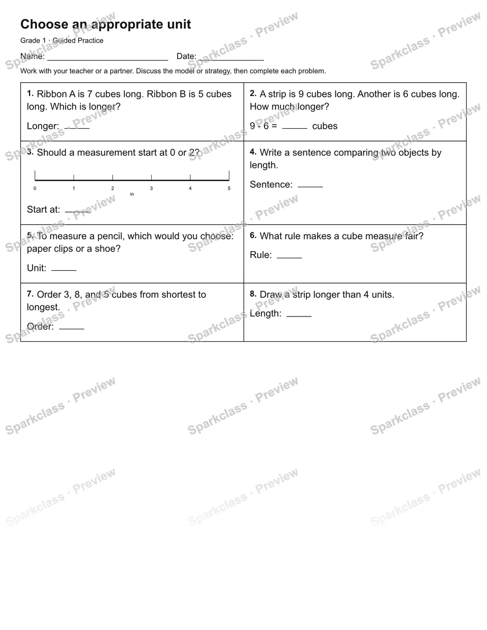 Choose an appropriate unit — Guided Practice — Grade 1 worksheet preview