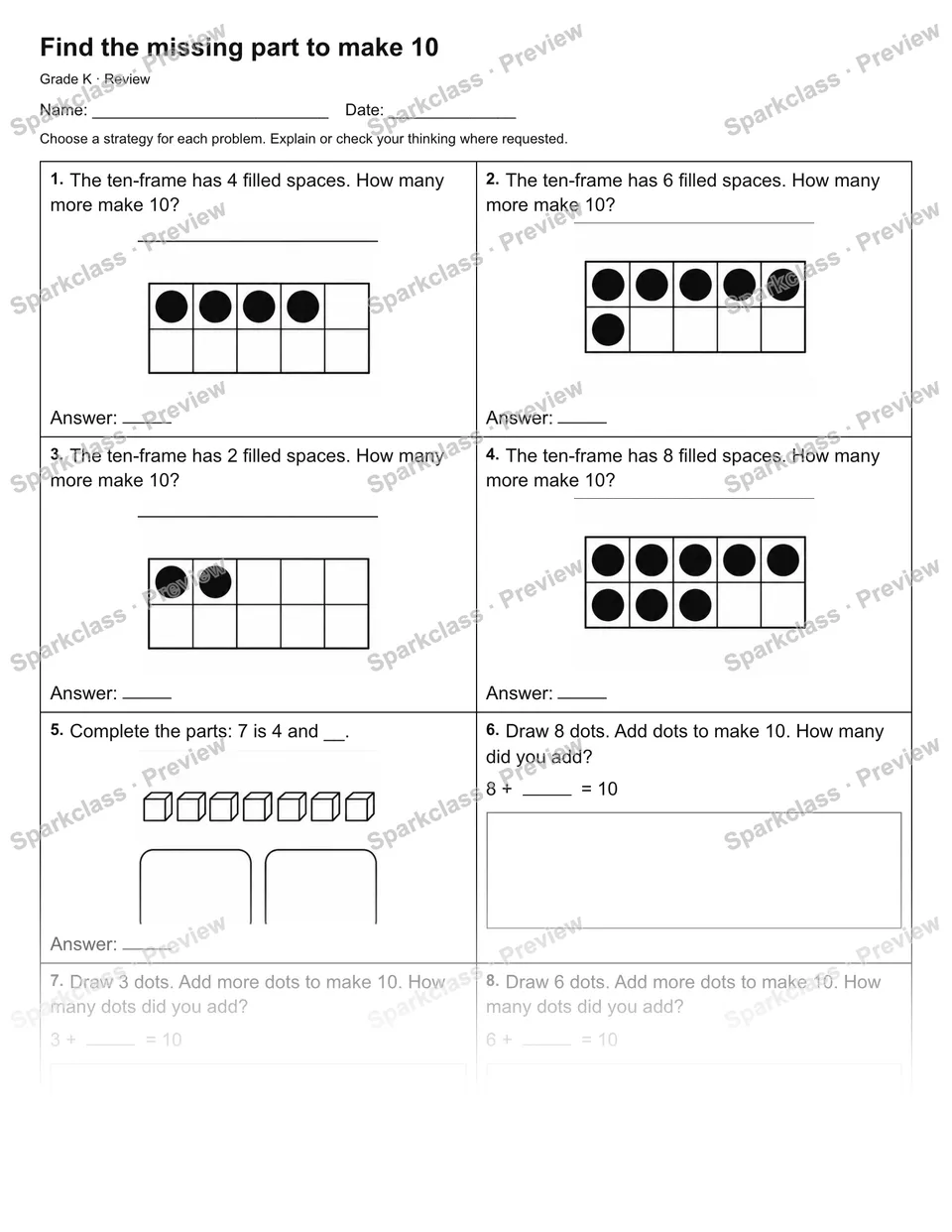 Find the missing part to make 10 — Review — Kindergarten worksheet preview
