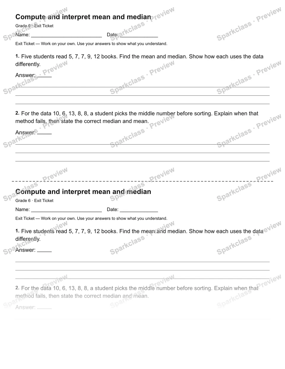Compute and interpret mean and median — Exit Ticket — Grade 6 worksheet preview