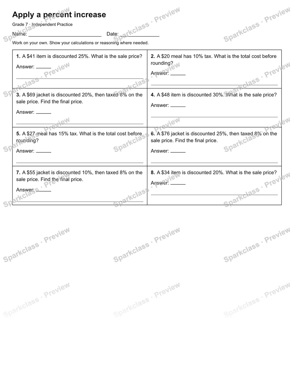 Apply a percent increase — Independent Practice — Grade 7 worksheet preview