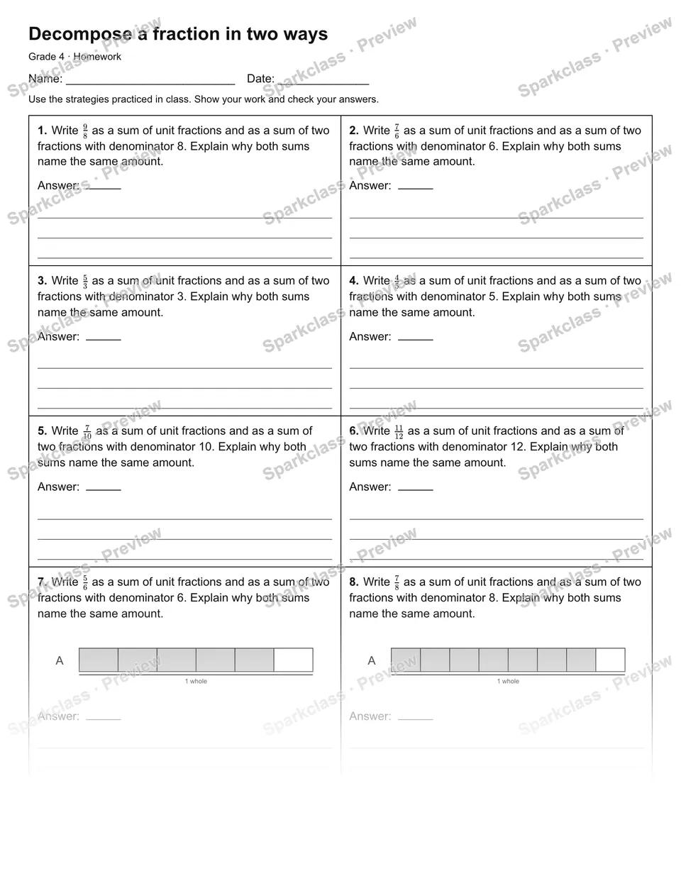 Decompose a fraction in two ways — Homework — Grade 4 worksheet preview