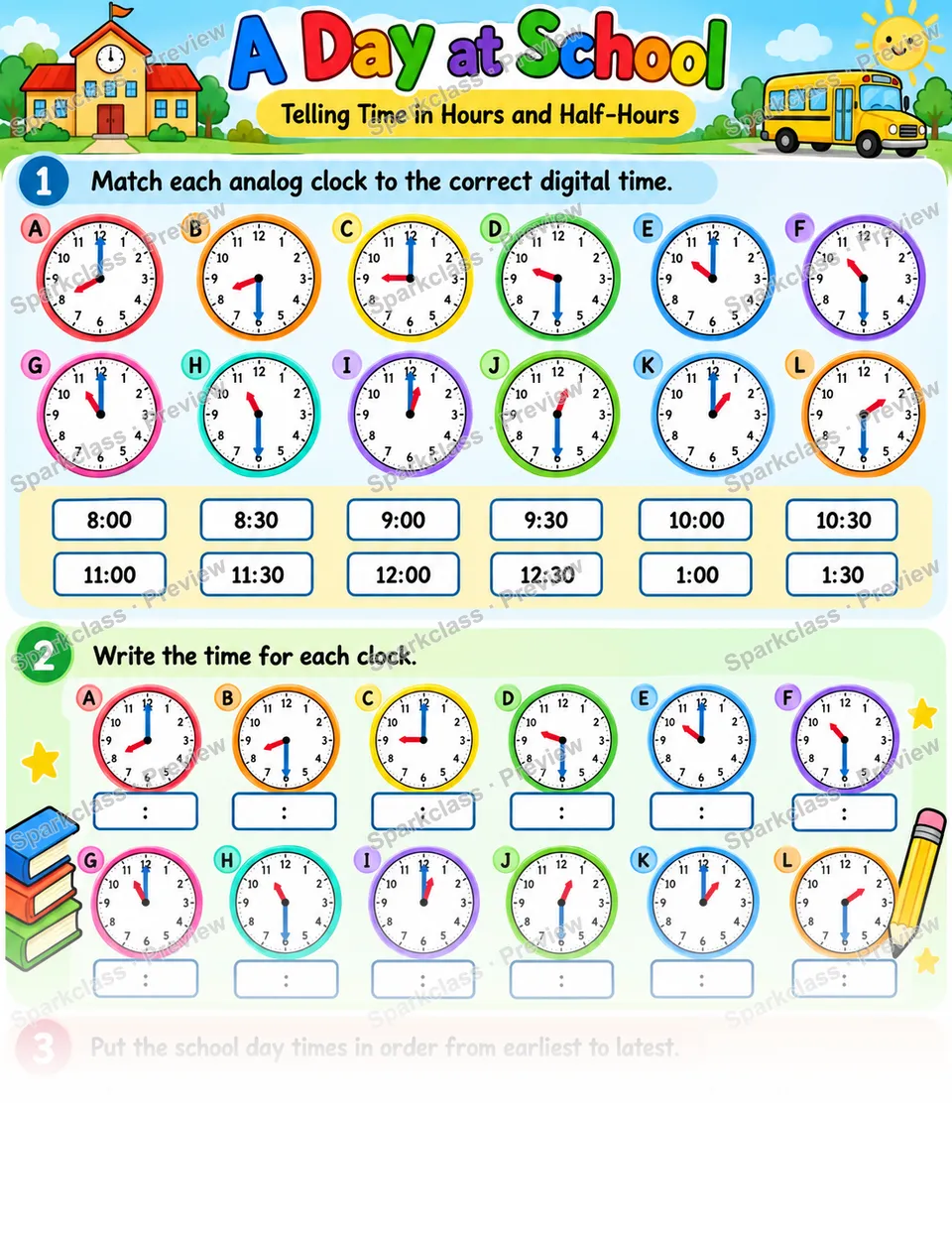 School Day Time — Grade 1 worksheet preview