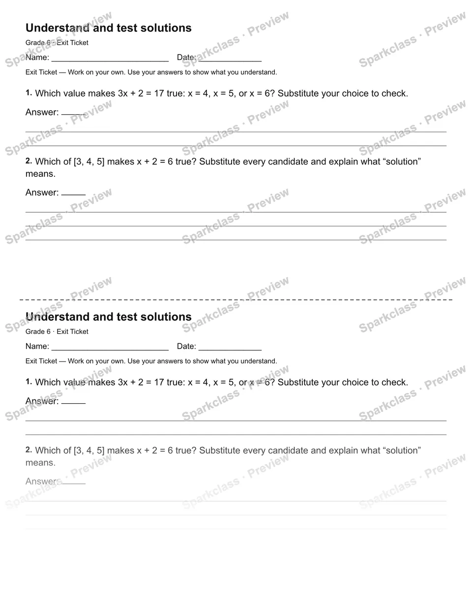 Understand and test solutions — Exit Ticket — Grade 6 worksheet preview
