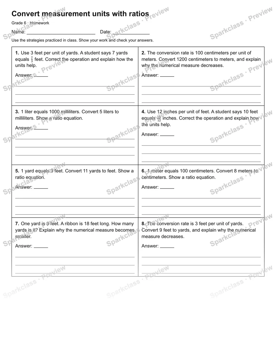 Convert measurement units with ratios — Homework — Grade 6 worksheet preview