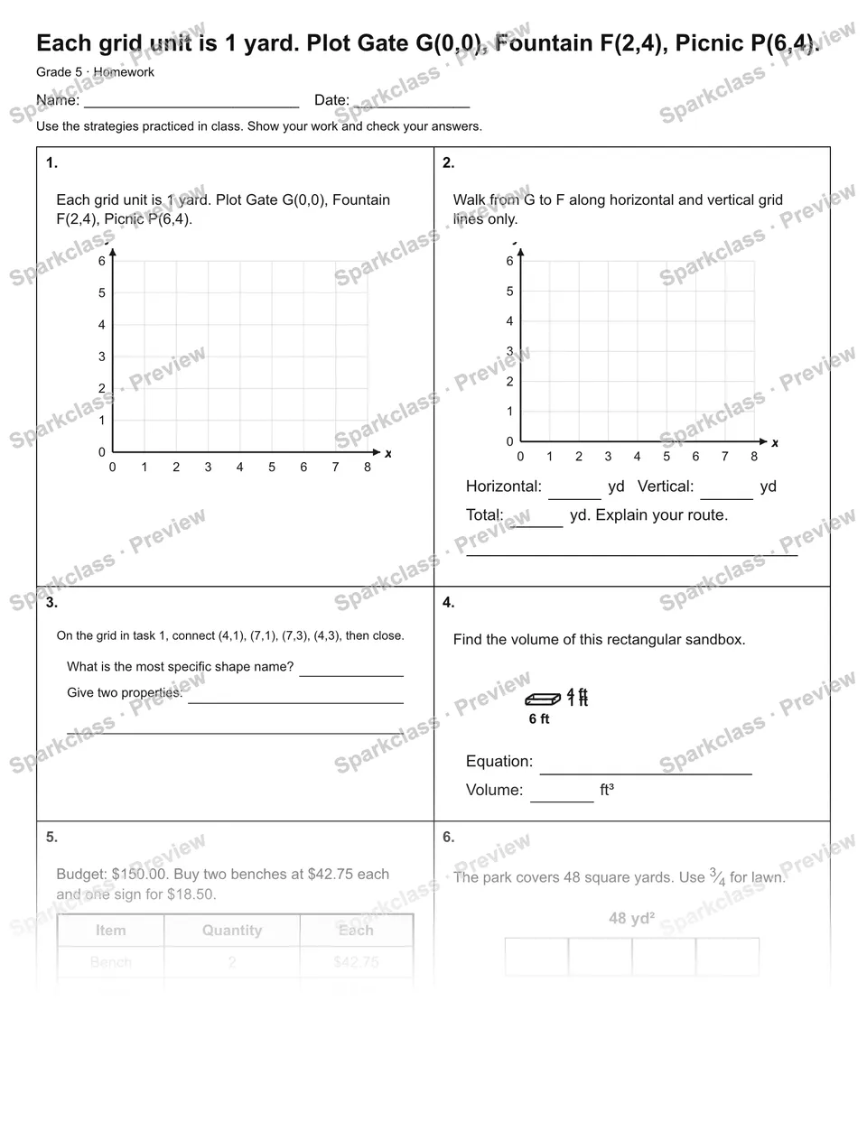 Each grid unit is 1 yard. Plot Gate G(0,0), Fountain F(2,4), Picnic P(6,4). — Homework — Grade 5 worksheet preview
