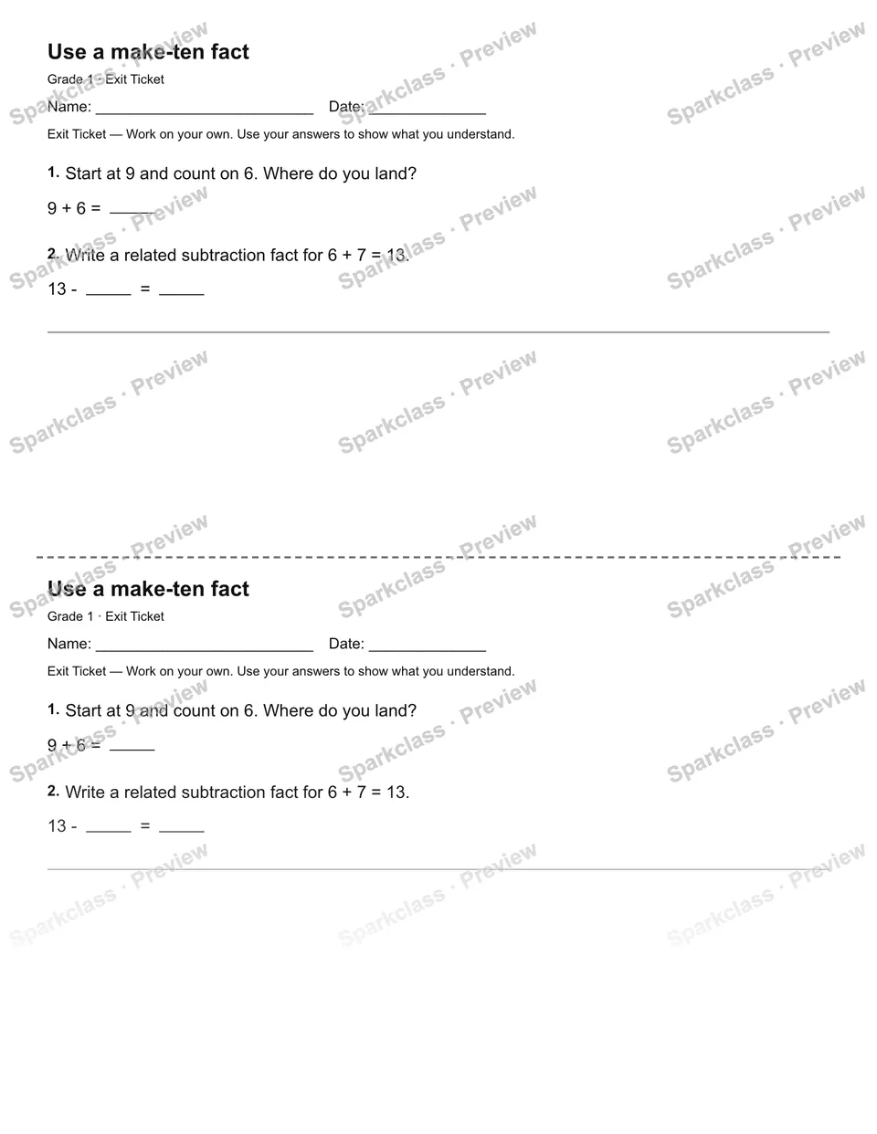 Use a make-ten fact — Exit Ticket — Grade 1 worksheet preview