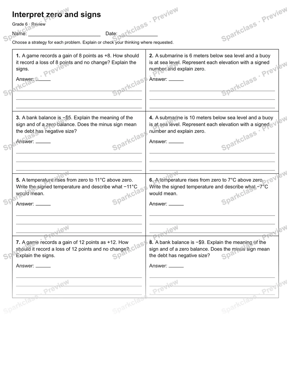 Interpret zero and signs — Review — Grade 6 worksheet preview