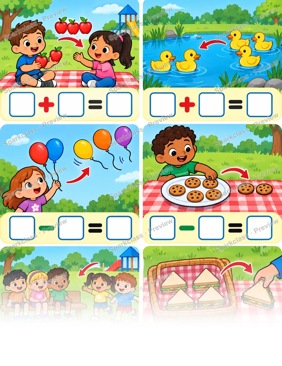 Addition and Subtraction · Picture Stories — Kindergarten worksheet preview