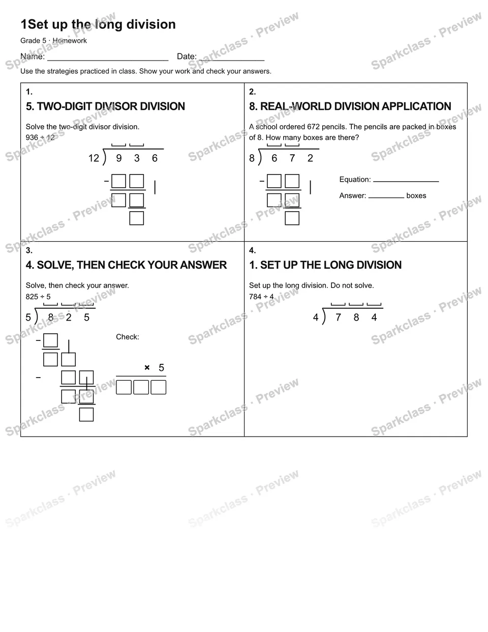 1Set up the long division — Homework — Grade 5 worksheet preview