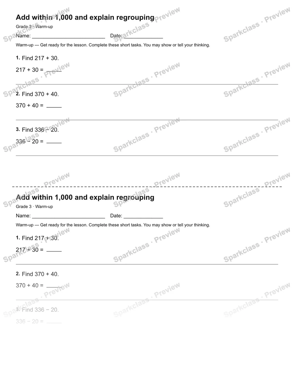 Add within 1,000 and explain regrouping — Warm-up — Grade 3 worksheet preview