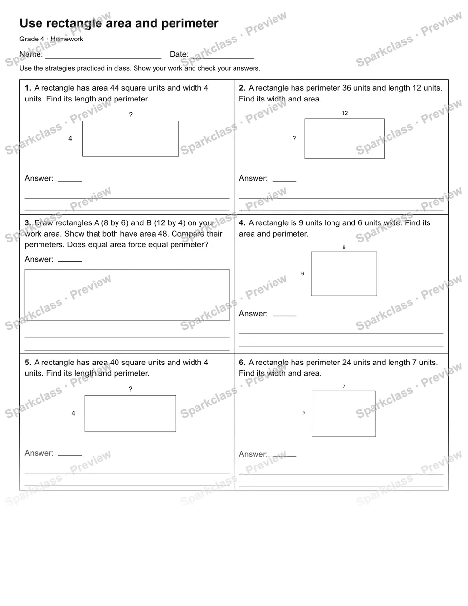Use rectangle area and perimeter — Homework — Grade 4 worksheet preview