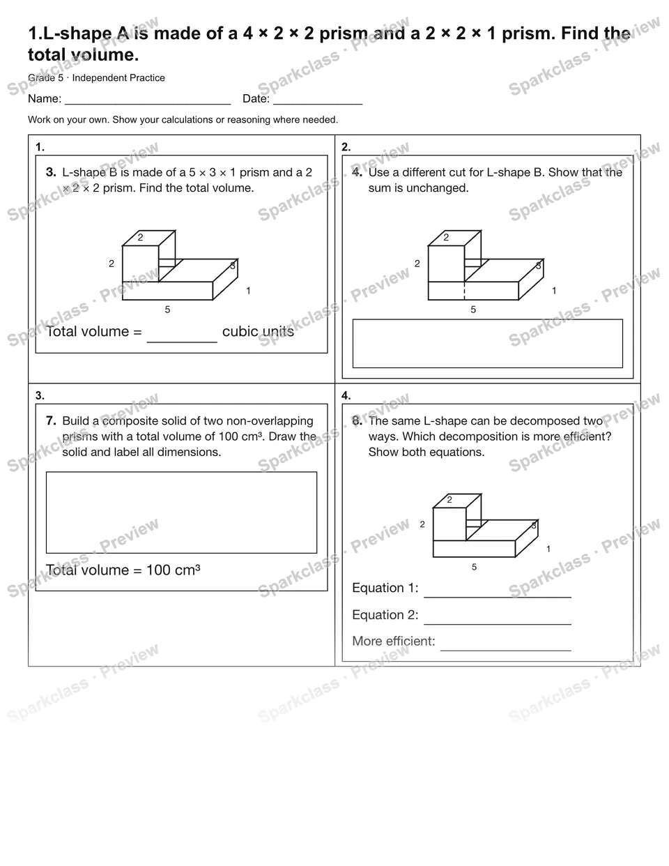 1.L-shape A is made of a 4 × 2 × 2 prism and a 2 × 2 × 1 prism. Find the total volume. — Independent Practice — Grade 5 worksheet preview