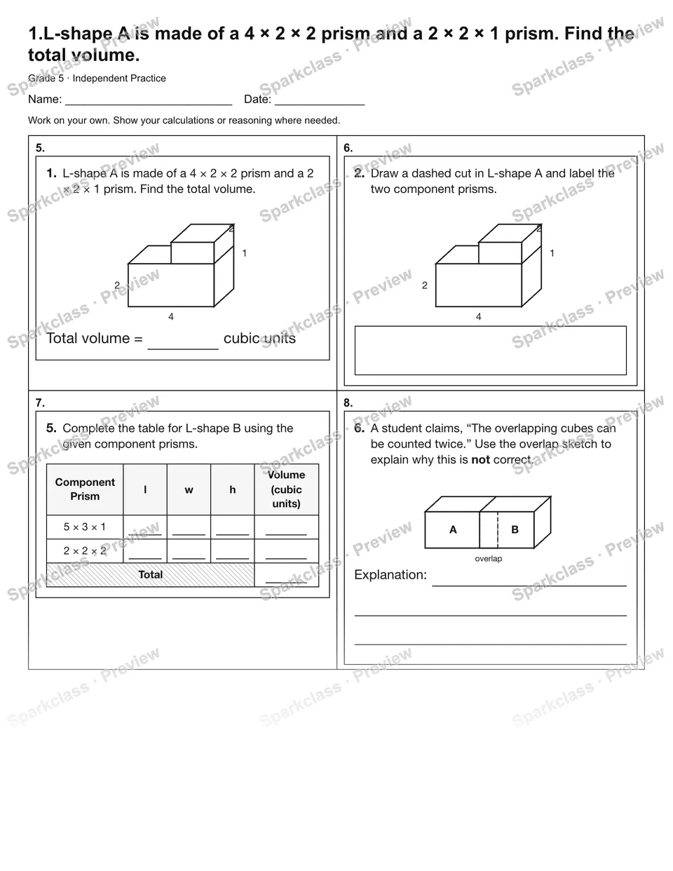 1.L-shape A is made of a 4 × 2 × 2 prism and a 2 × 2 × 1 prism. Find the total volume. — Independent Practice — page 2