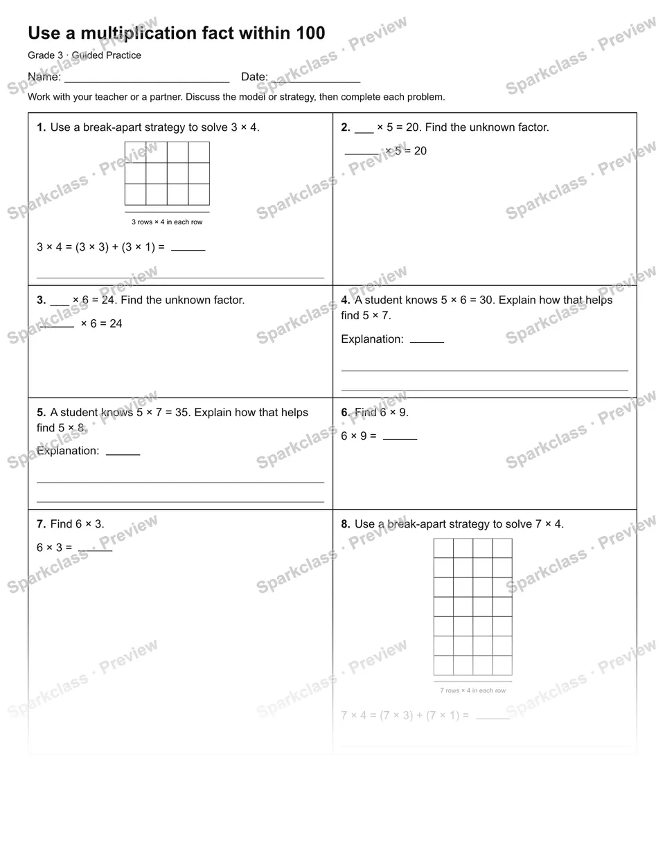 Use a multiplication fact within 100 — Guided Practice — Grade 3 worksheet preview