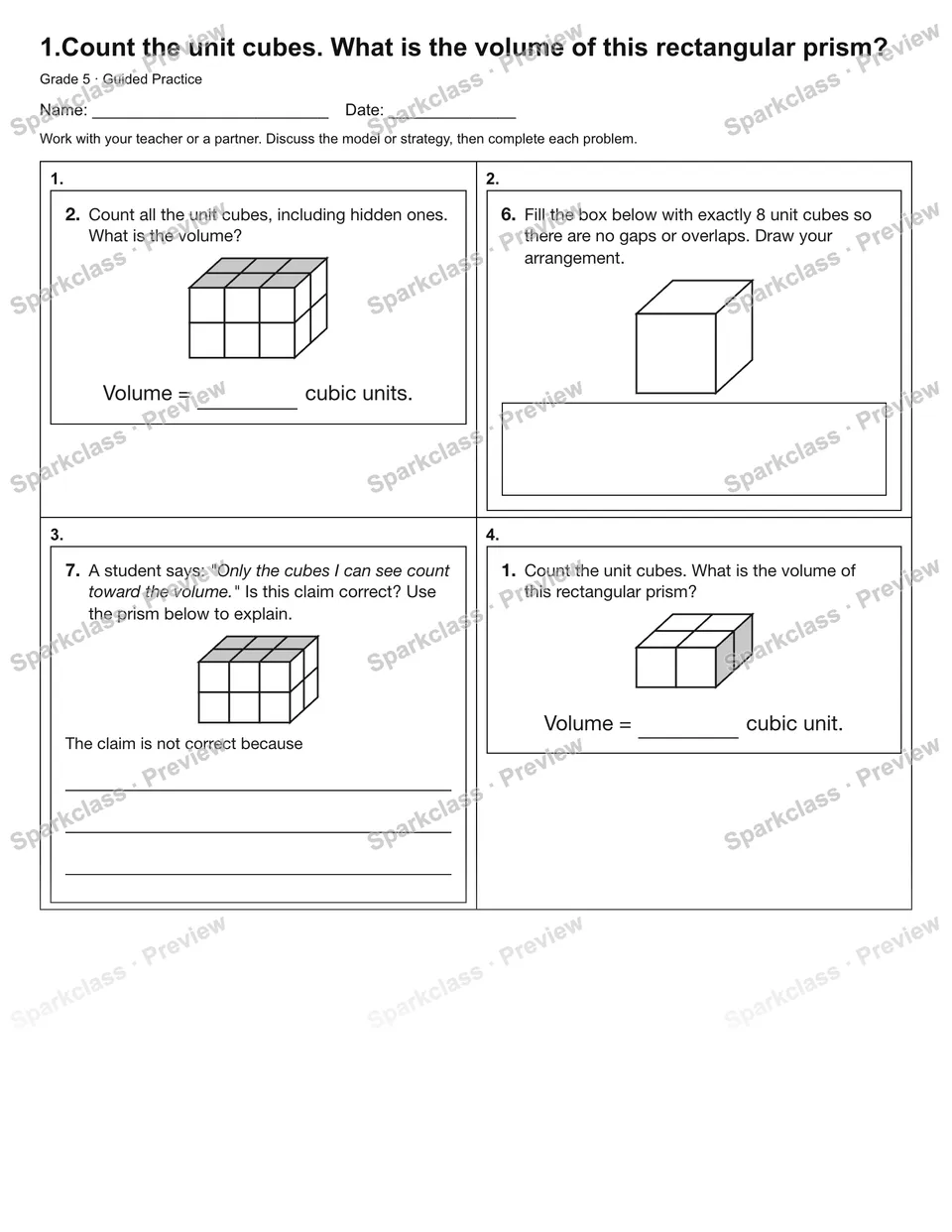 1.Count the unit cubes. What is the volume of this rectangular prism? — Guided Practice — Grade 5 worksheet preview