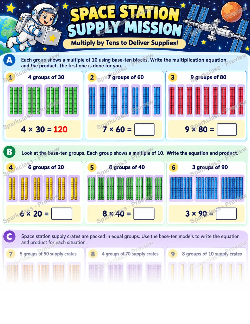 Space Station · Multiply by Tens — Grade 3 worksheet preview