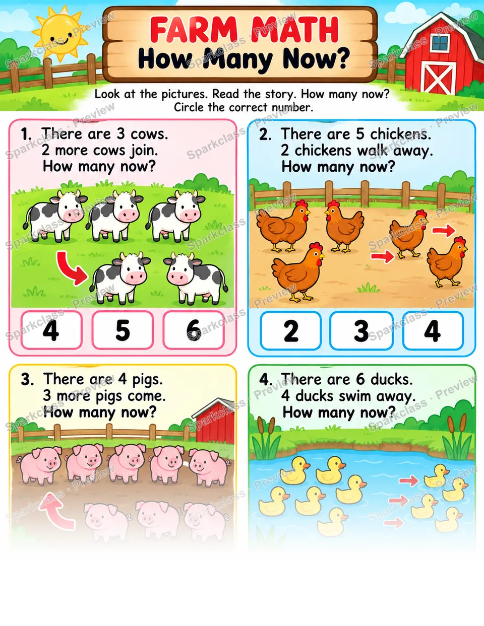Basic Farm Story Problems — Kindergarten worksheet preview