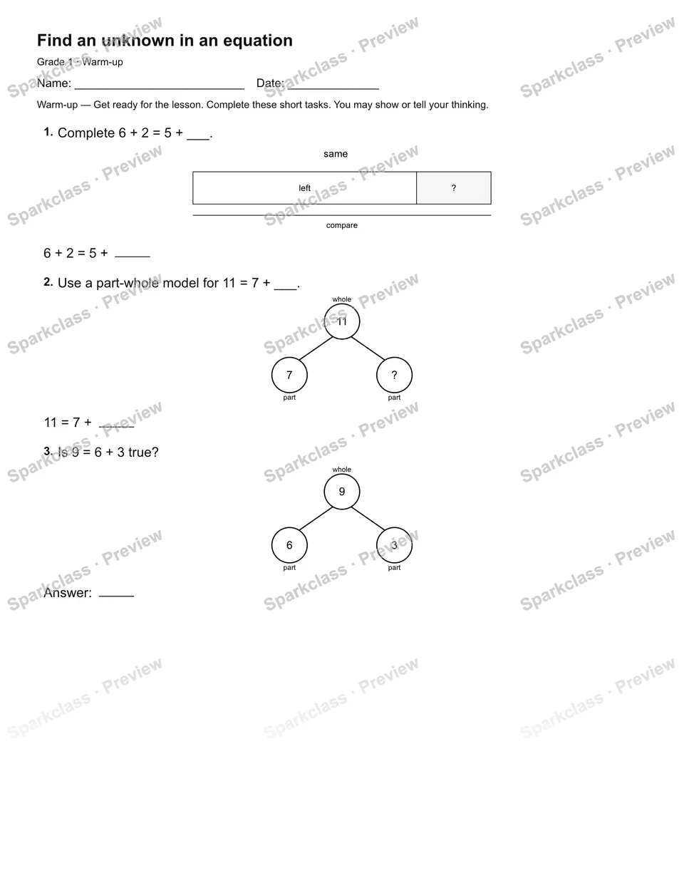 Find an unknown in an equation — Warm-up — Grade 1 worksheet preview