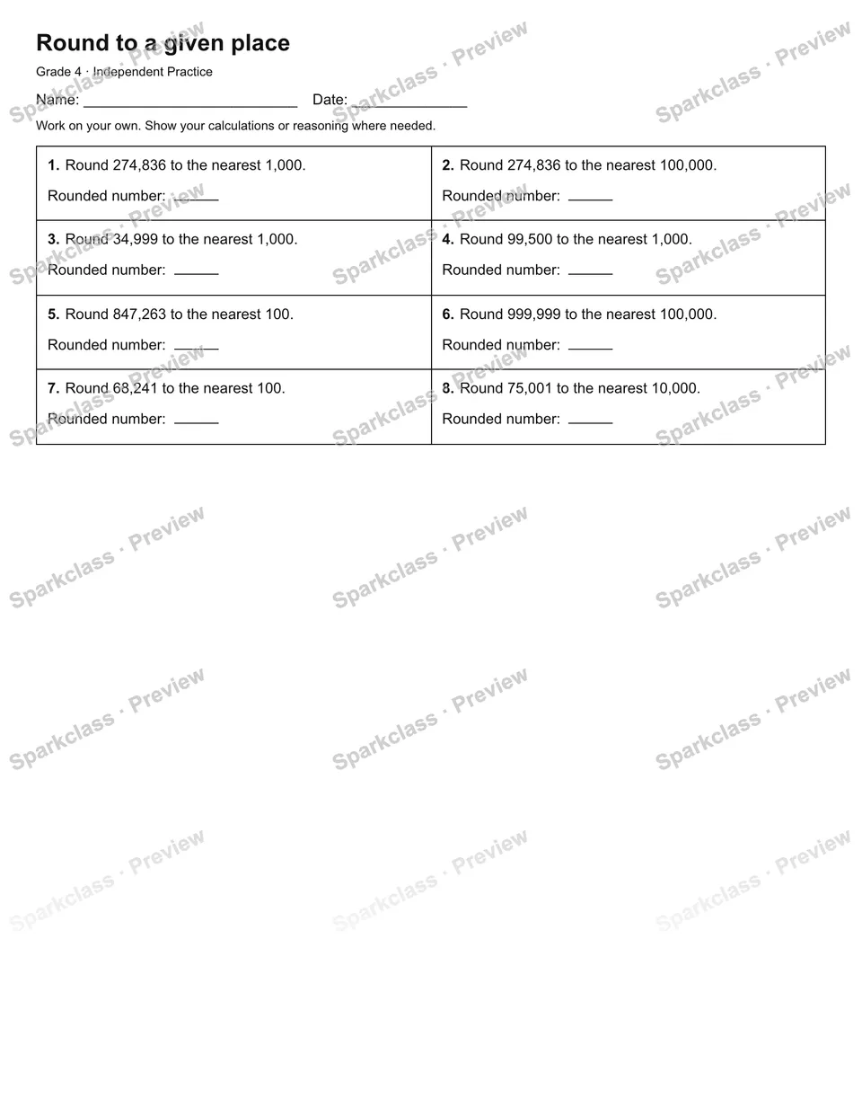 Round to a given place — Independent Practice — Grade 4 worksheet preview
