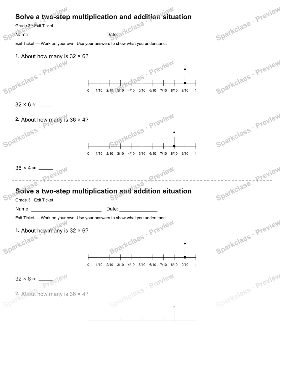 Solve a two-step multiplication and addition situation — Exit Ticket — Grade 3 worksheet preview