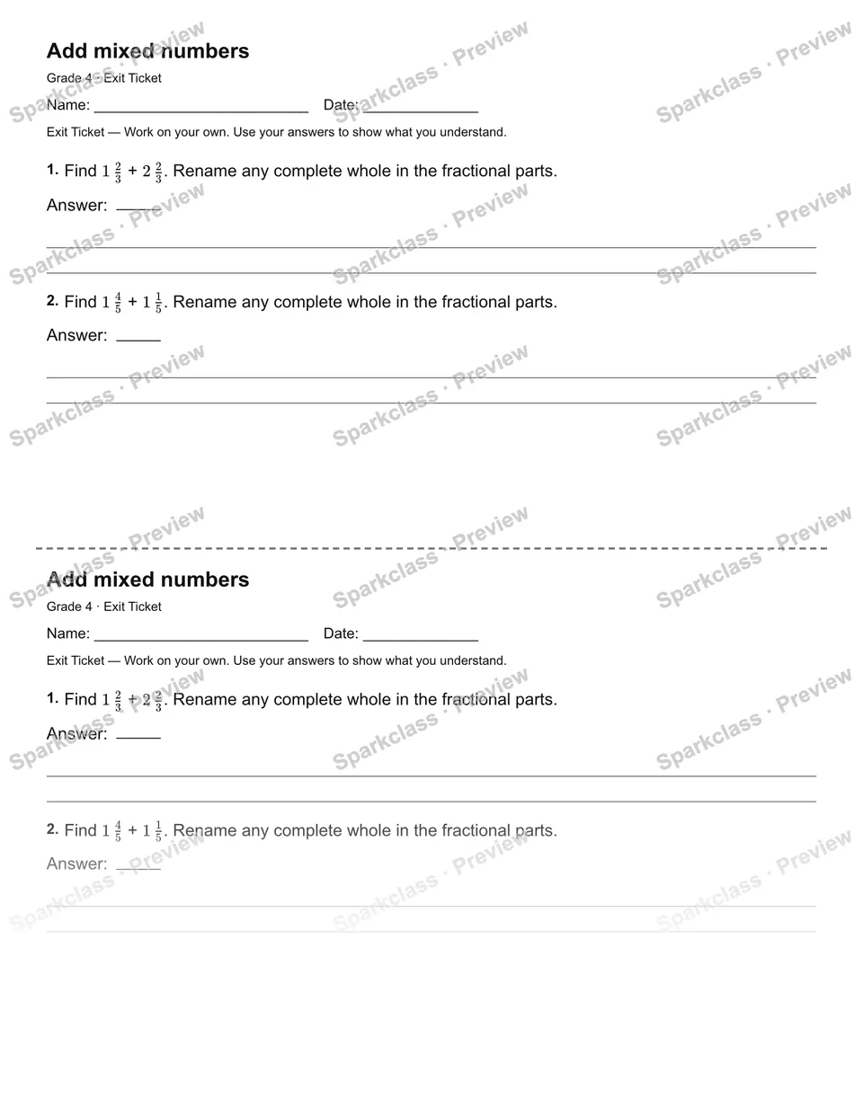 Add mixed numbers — Exit Ticket — Grade 4 worksheet preview