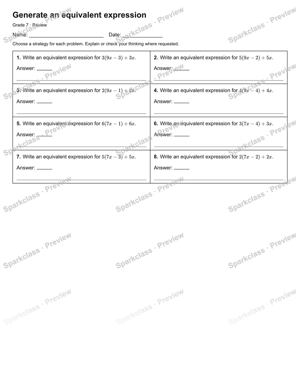 Generate an equivalent expression — Review — Grade 7 worksheet preview