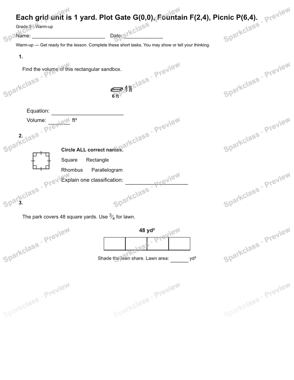 Each grid unit is 1 yard. Plot Gate G(0,0), Fountain F(2,4), Picnic P(6,4). — Warm-up — page 2