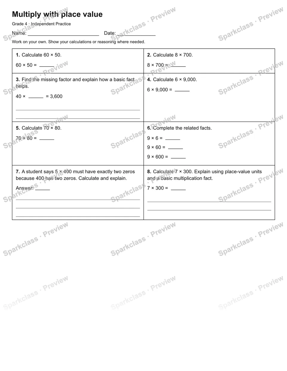 Multiply with place value — Independent Practice — Grade 4 worksheet preview