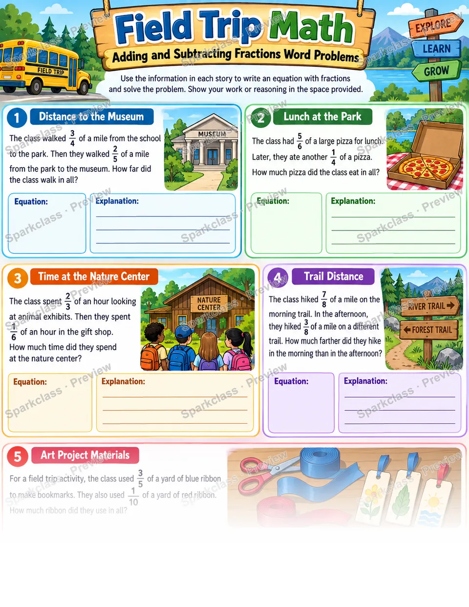 Fraction Word Problems · Field Trip — Grade 5 worksheet preview