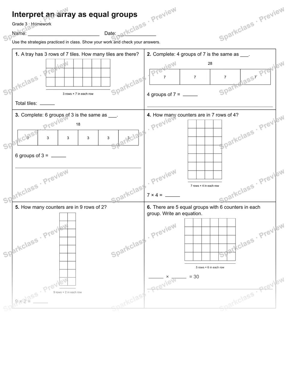 Interpret an array as equal groups — Homework — Grade 3 worksheet preview