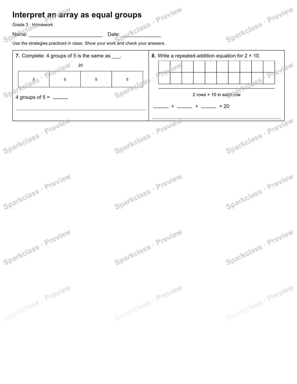 Interpret an array as equal groups — Homework — page 2