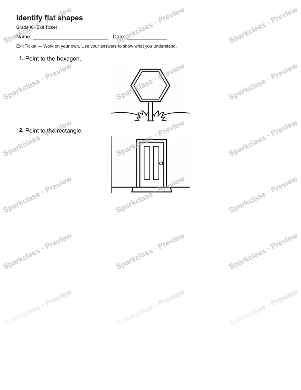 Identify flat shapes — Exit Ticket — Kindergarten worksheet preview