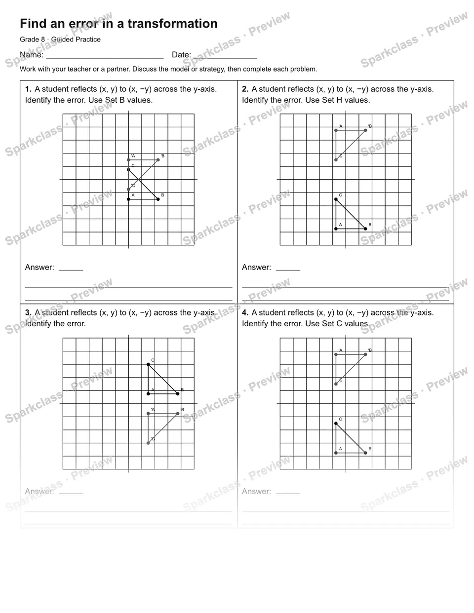 Find an error in a transformation — Guided Practice — Grade 8 worksheet preview