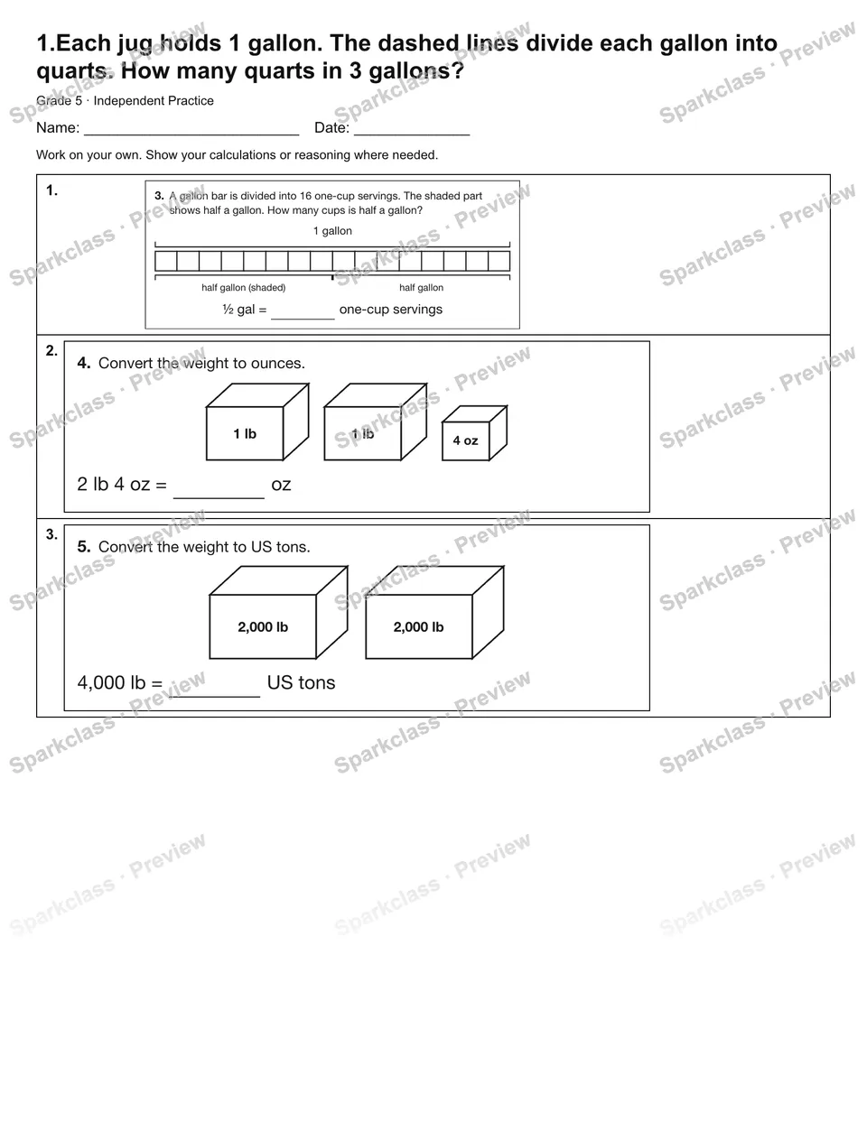 1.Each jug holds 1 gallon. The dashed lines divide each gallon into quarts. How many quarts in 3 gallons? — Independent Practice — Grade 5 worksheet preview