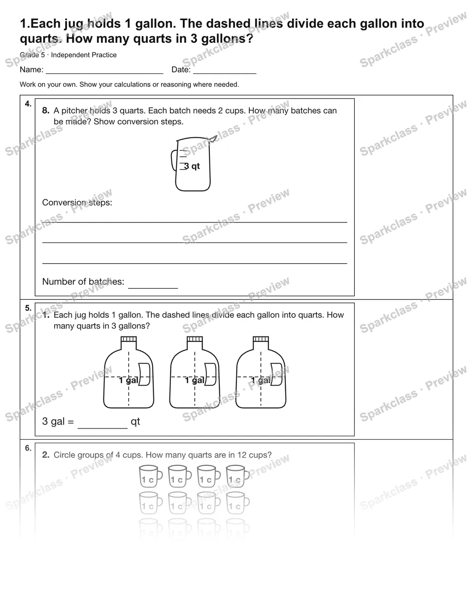 1.Each jug holds 1 gallon. The dashed lines divide each gallon into quarts. How many quarts in 3 gallons? — Independent Practice — page 2