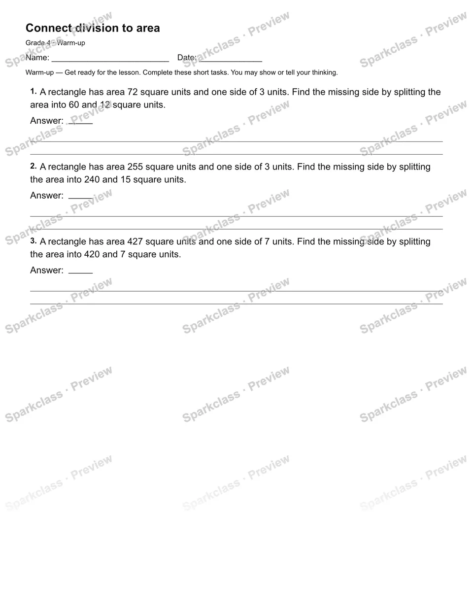 Connect division to area — Warm-up — Grade 4 worksheet preview