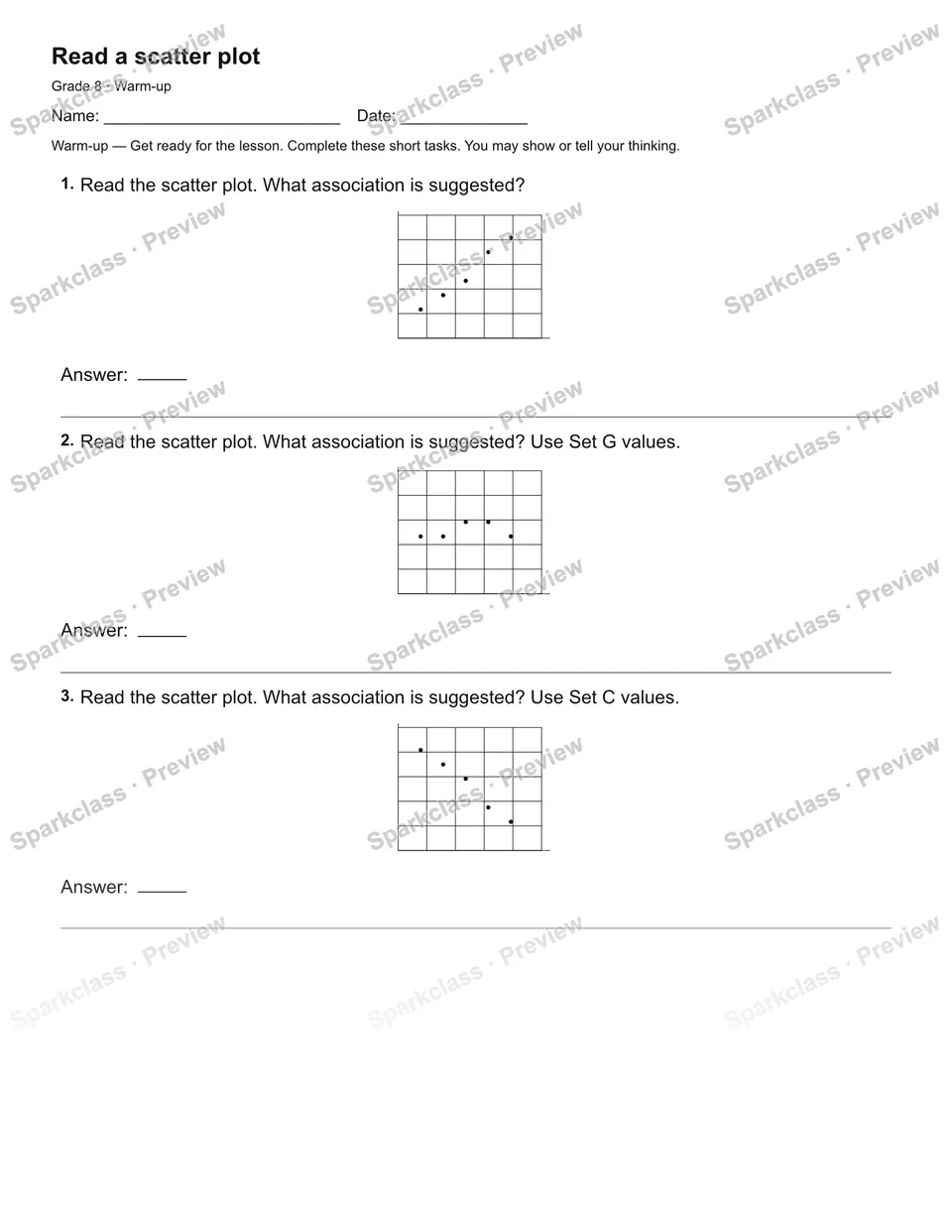 Read a scatter plot — Warm-up — Grade 8 worksheet preview
