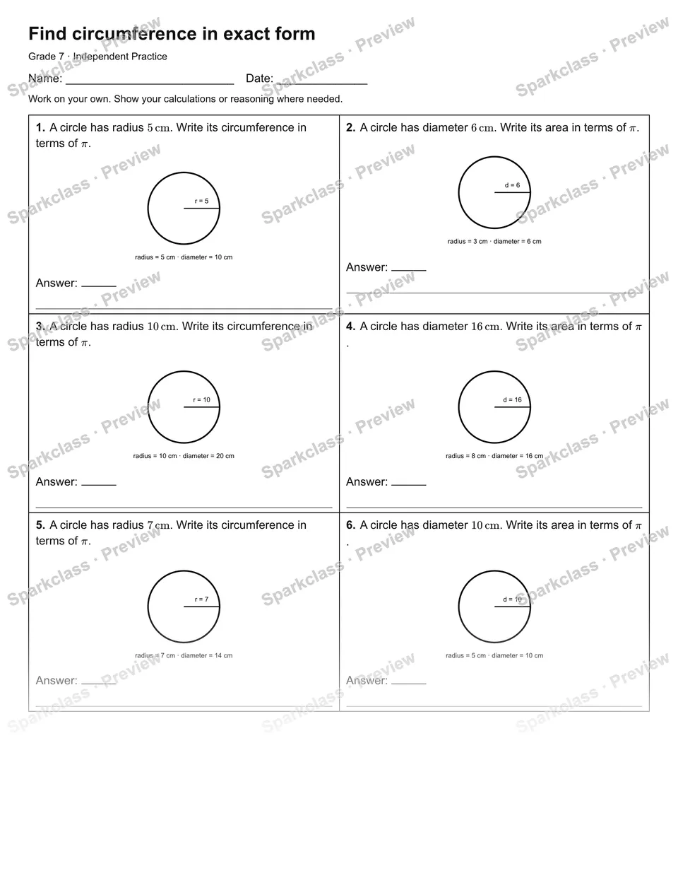 Find circumference in exact form — Independent Practice — Grade 7 worksheet preview