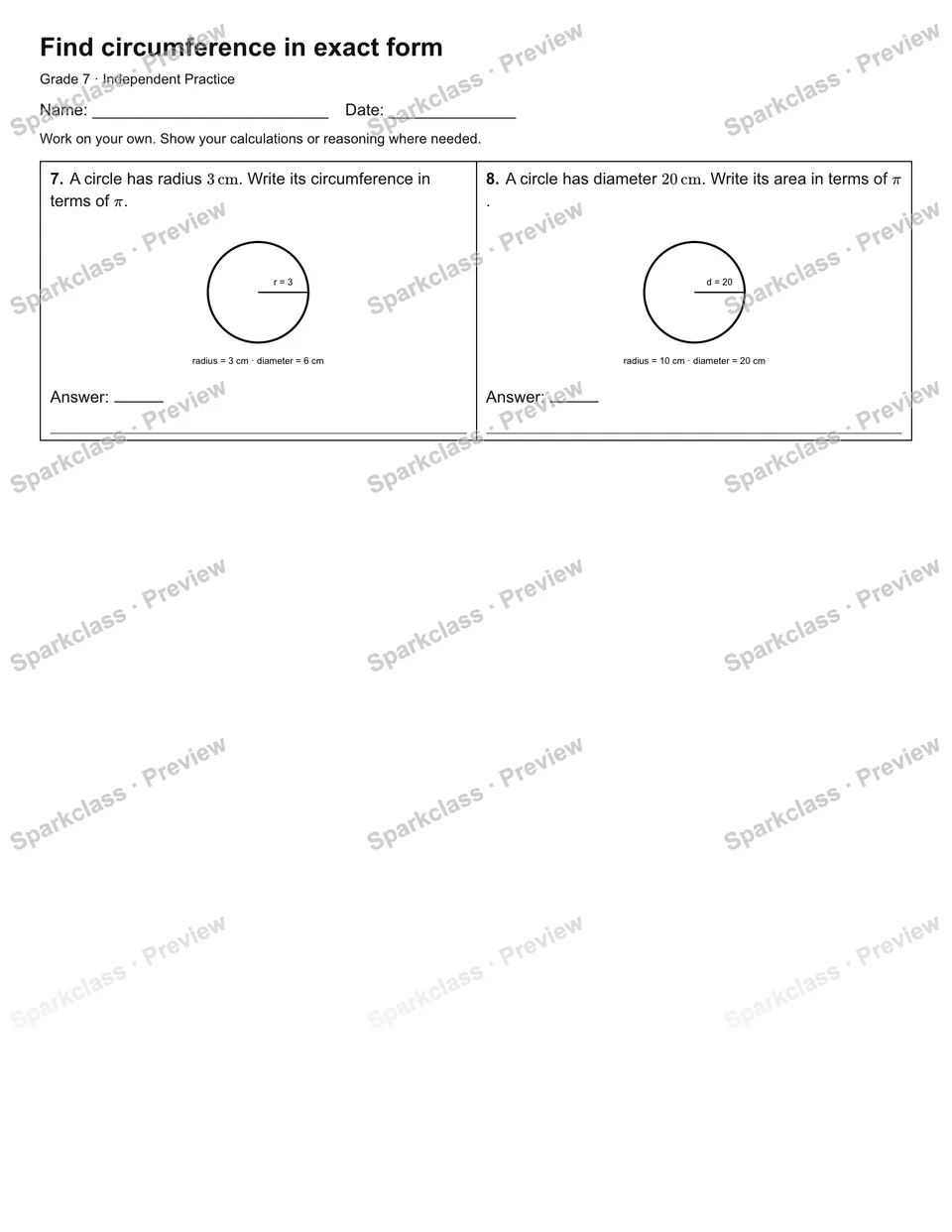 Find circumference in exact form — Independent Practice — page 2