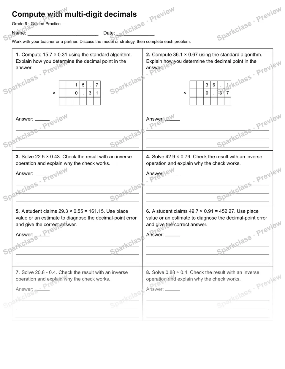 Compute with multi-digit decimals — Guided Practice — Grade 6 worksheet preview