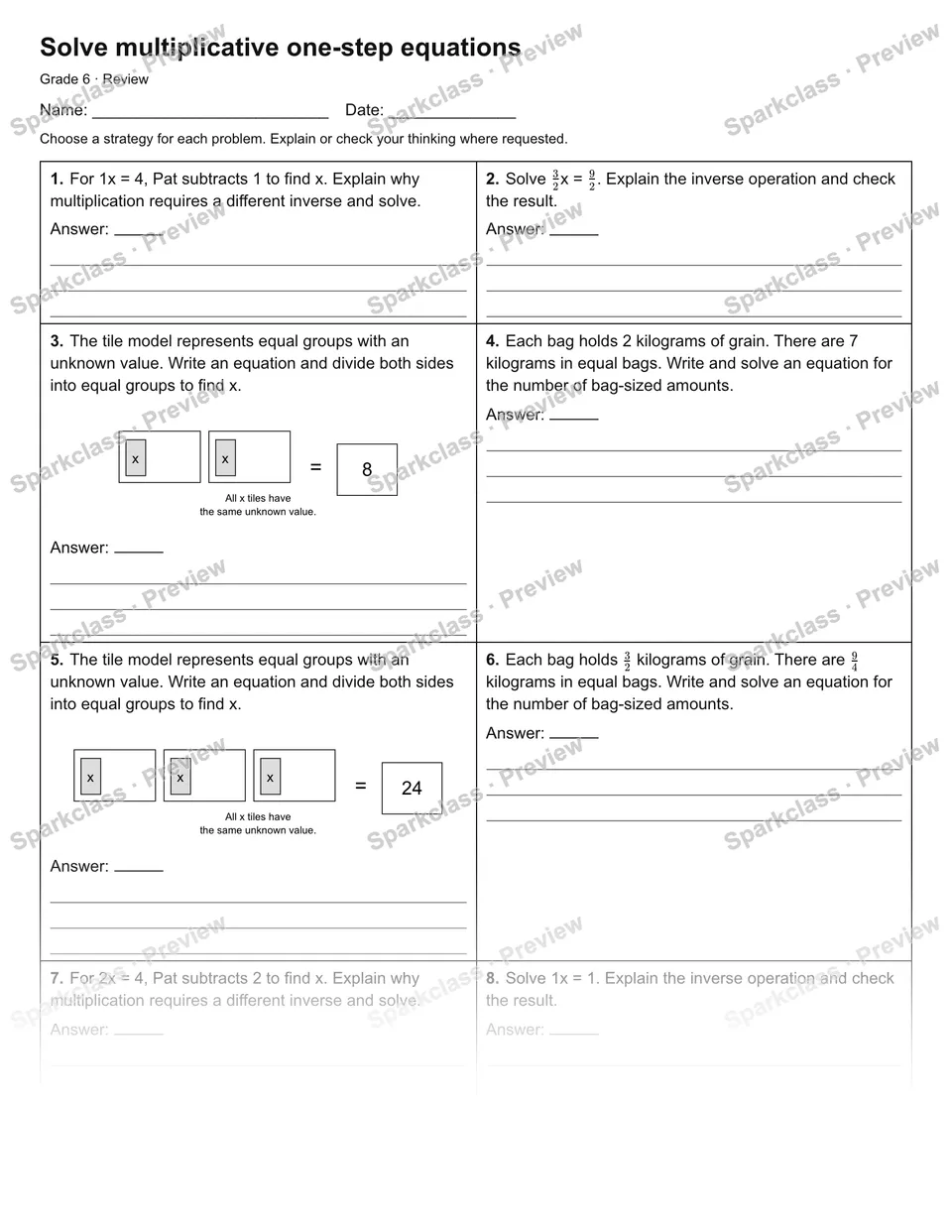 Solve multiplicative one-step equations — Review — Grade 6 worksheet preview
