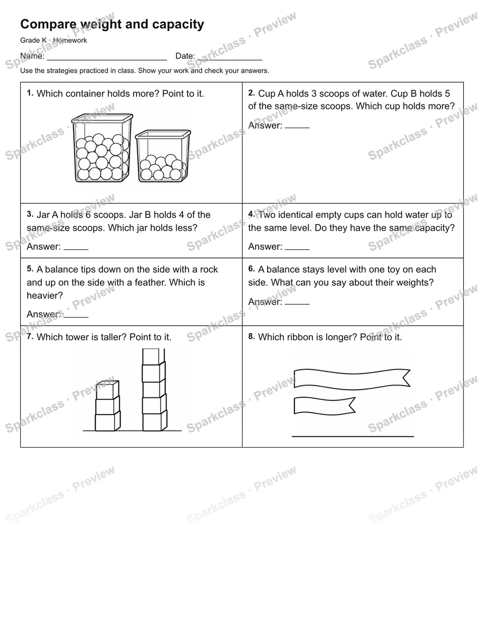 Compare weight and capacity — Homework — Kindergarten worksheet preview