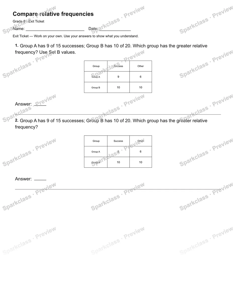 Compare relative frequencies — Exit Ticket — page 2