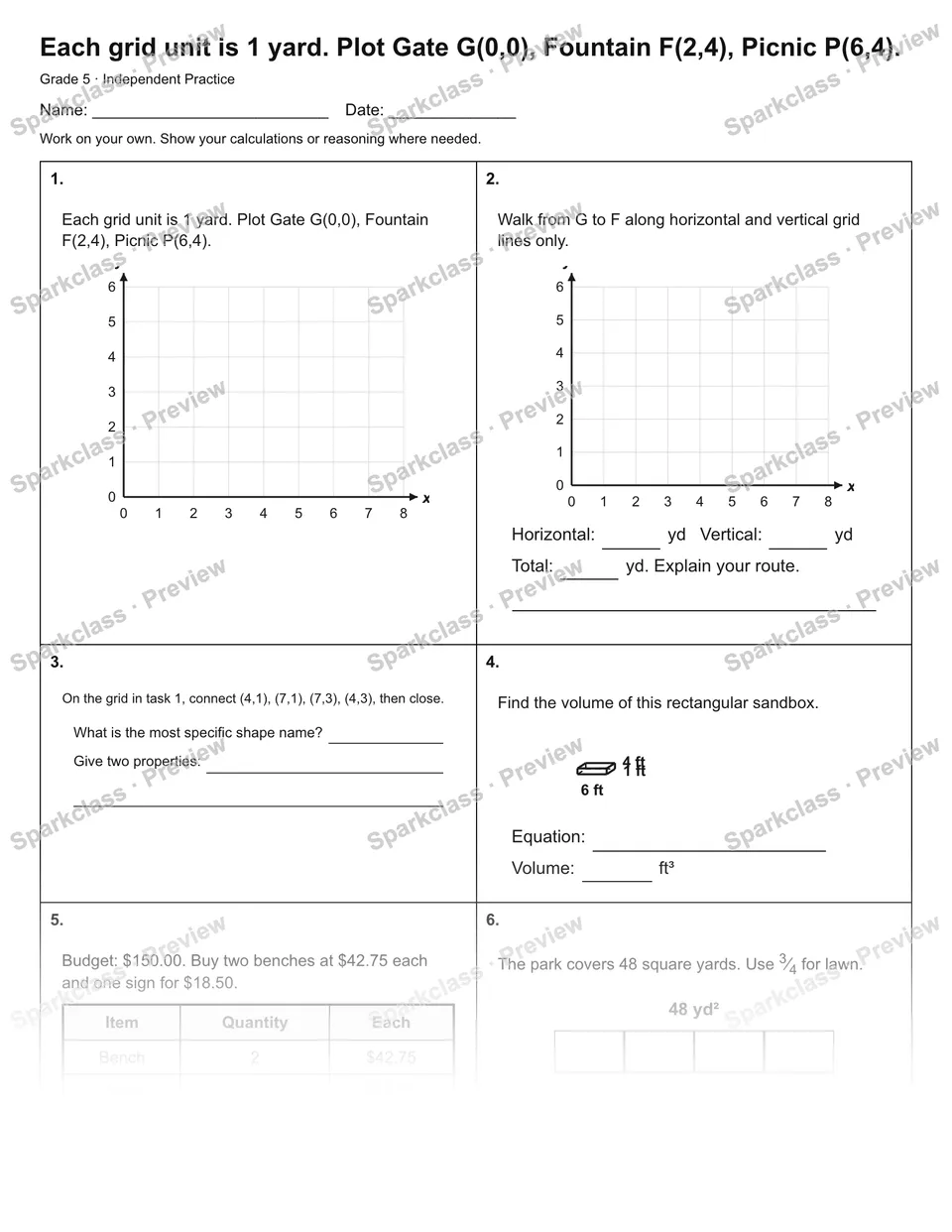 Each grid unit is 1 yard. Plot Gate G(0,0), Fountain F(2,4), Picnic P(6,4). — Independent Practice — Grade 5 worksheet preview
